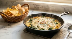 A hot, baked spinach artichoke dip in a cast iron skillet, steaming on a trivet, served alongside a basket of tortilla chips and baguette slices.