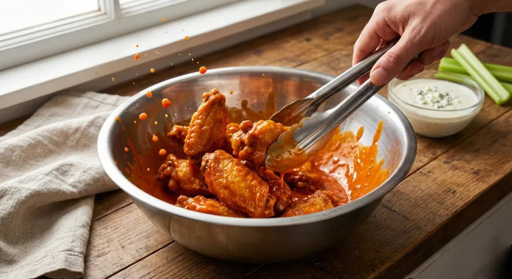A hand using metal tongs to toss crispy baked buffalo wings in a metal bowl filled with bright orange buffalo sauce, ready to be served with ranch dressing.