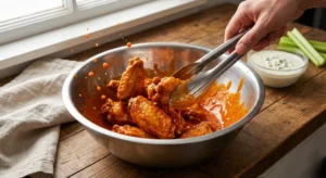 A hand using metal tongs to toss crispy baked buffalo wings in a metal bowl filled with bright orange buffalo sauce, ready to be served with ranch dressing.