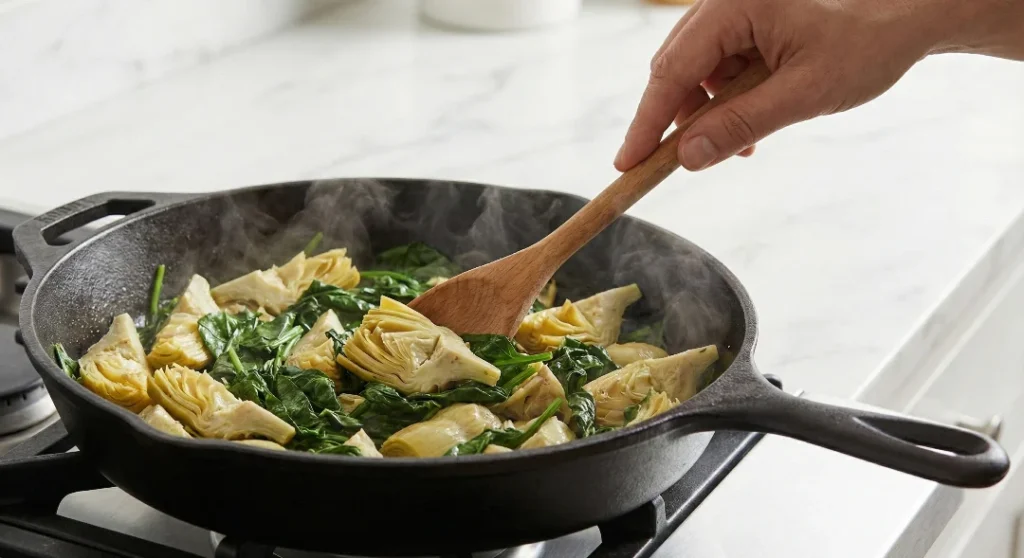 A wooden spoon stirring artichoke hearts and spinach in a hot cast iron skillet to cook off excess moisture for a homemade spinach artichoke dip.