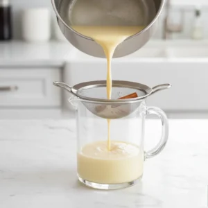 A hand pouring warm homemade eggnog through a fine-mesh sieve into a glass pitcher to remove spices and ensure a smooth texture.