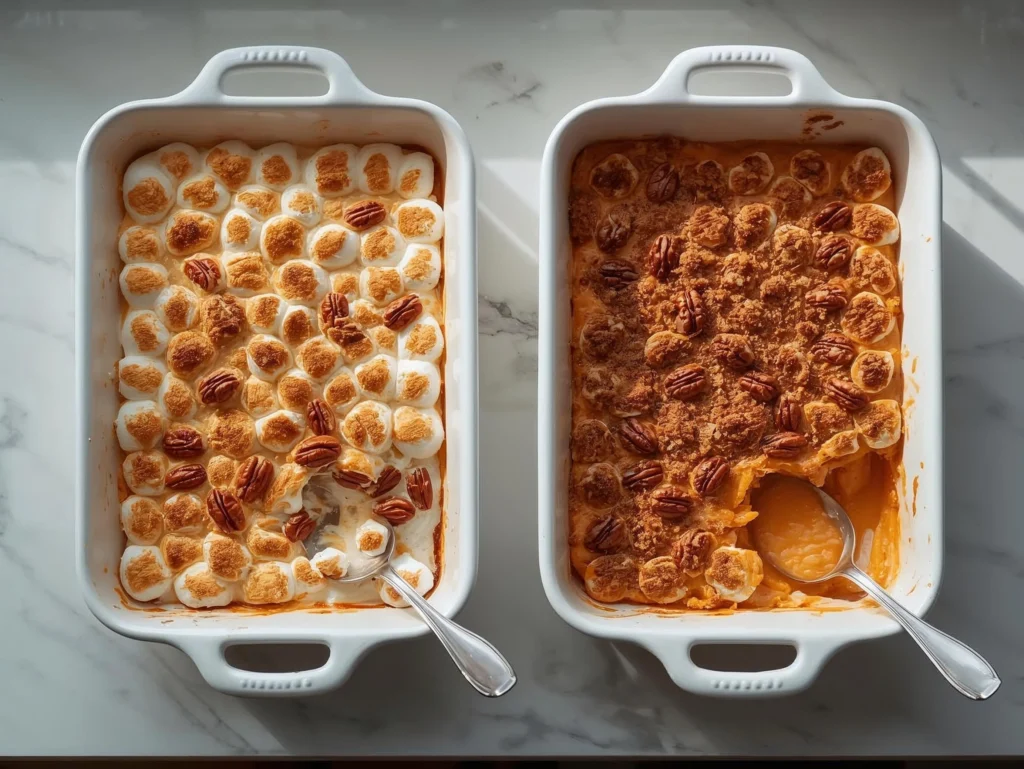 A side-by-side comparison of two finished Sweet Potato Casseroles: one topped with golden toasted marshmallows and pecans, and the other with a crunchy pecan crumble