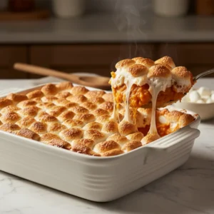 A serving spoon lifting a scoop of steaming creamy sweet potato casserole topped with golden brown, melted, and gooey mini-marshmallows from a white baking dish.