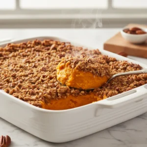 A serving spoon lifting a scoop of steaming creamy sweet potato casserole topped with a golden brown, crunchy pecan crumble from a white baking dish.