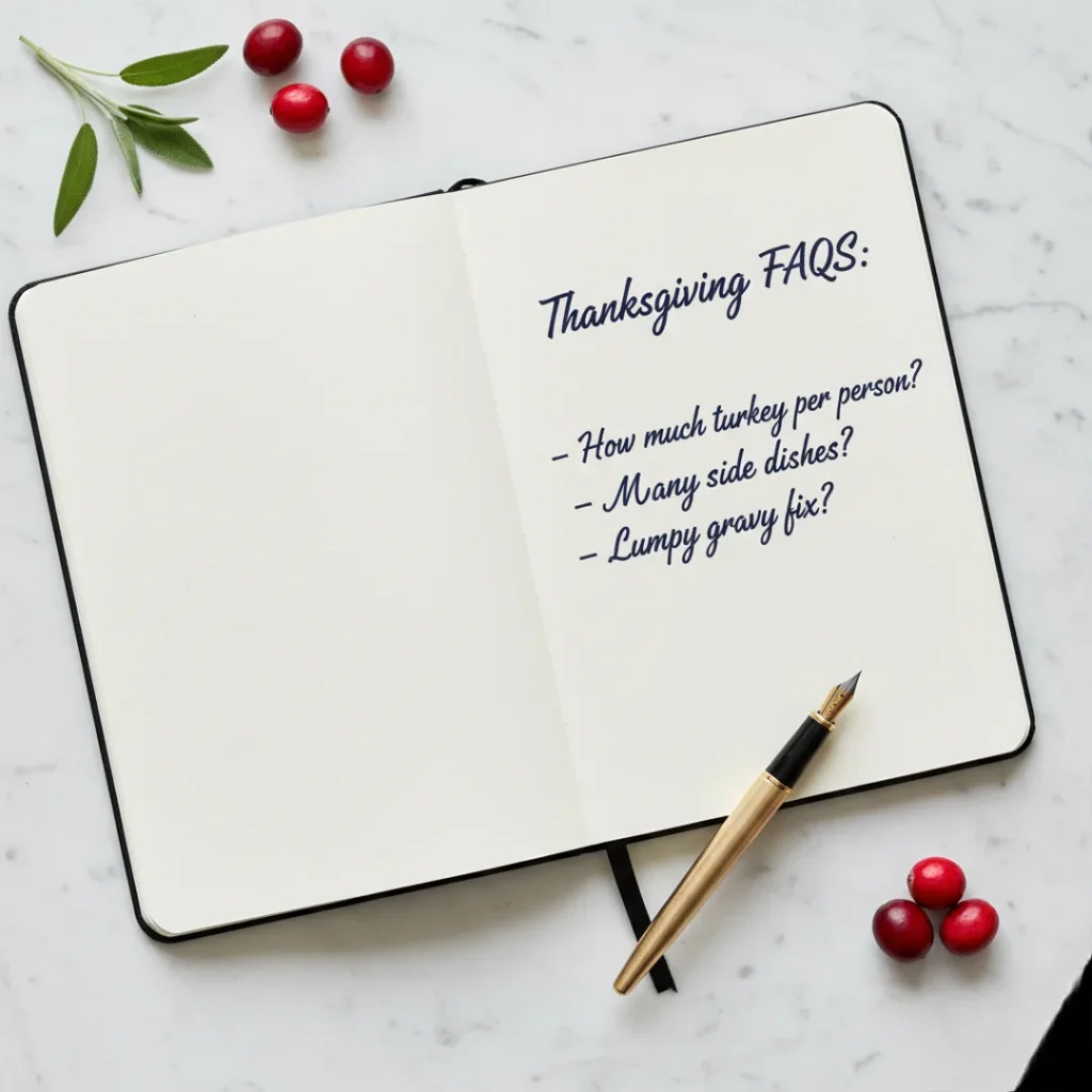 A notebook with handwritten Thanksgiving FAQs listing common questions like "How much turkey per person?", "Many side dishes?", and "Lumpy gravy fix?".