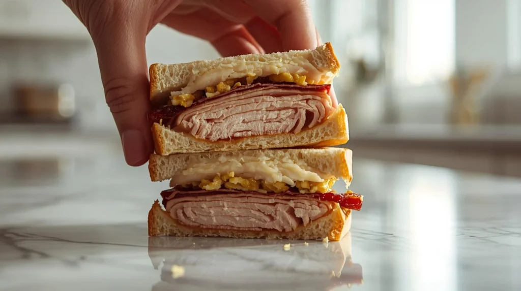 A hand holding up the cross-section of a huge Thanksgiving leftover sandwich, layered with turkey slices, cranberry sauce, mashed potatoes, and cheese on white bread.