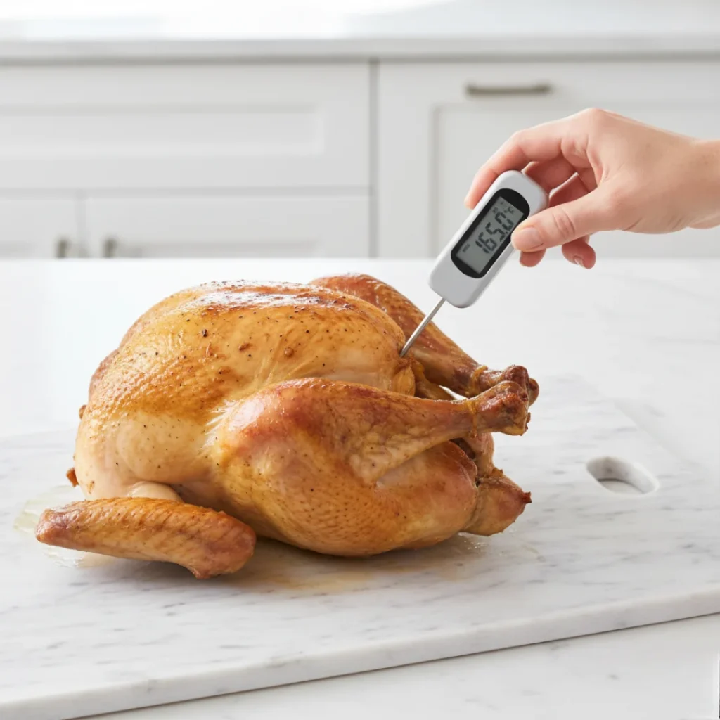 A hand inserting a digital thermometer into the thigh of a golden-brown roasted turkey, showing the display reading 165℉ (74℃) for doneness.