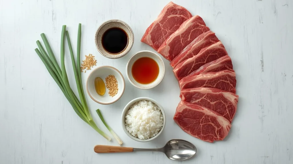 A top-down flat lay of ingredients for a Korean steak rice bowl, showing raw sliced steak, rice, soy sauce, sesame oil, green onions, and garlic on a white table.
