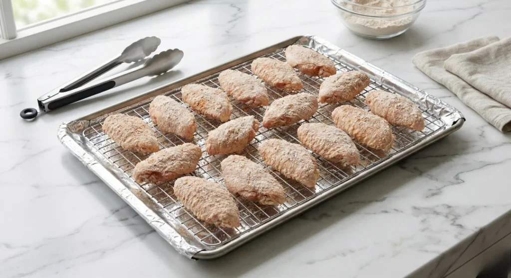 A full tray of raw chicken wings, coated in baking powder and arranged in a single layer on a wire rack, ready for baking.