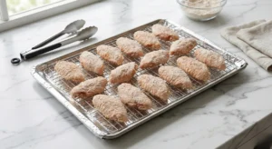 A full tray of raw chicken wings, coated in baking powder and arranged in a single layer on a wire rack, ready for baking.