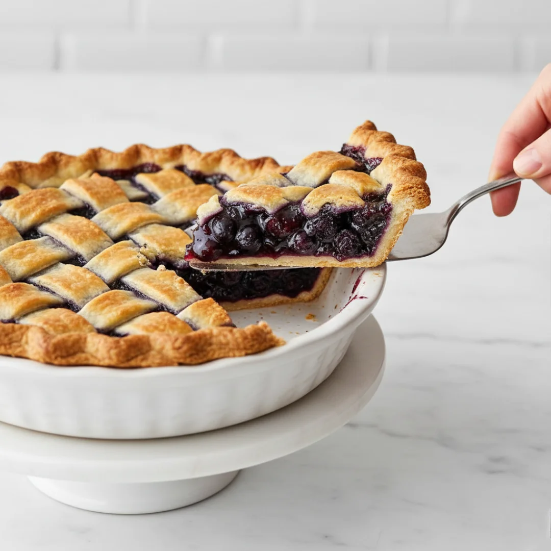 A hand serving a slice of a homemade blueberry pie with a golden lattice crust and thick, juicy filling from a white dish on a pedestal stand, representing the final Blueberry Pie Recipe.