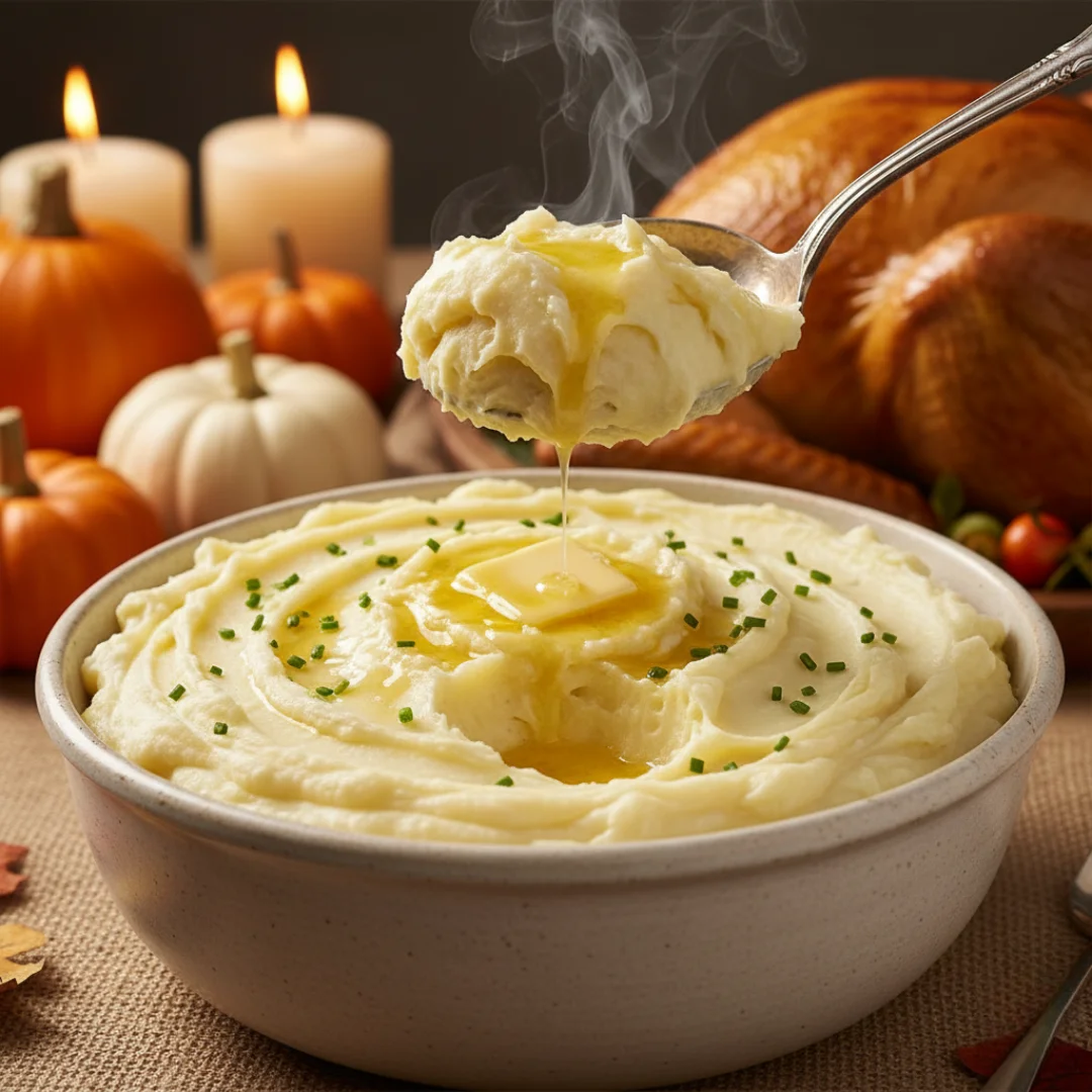 A spoonful of smooth, steaming Creamy Mashed Potatoes being lifted from a bowl, with melting butter, chives, and a roasted turkey dinner in the festive background.