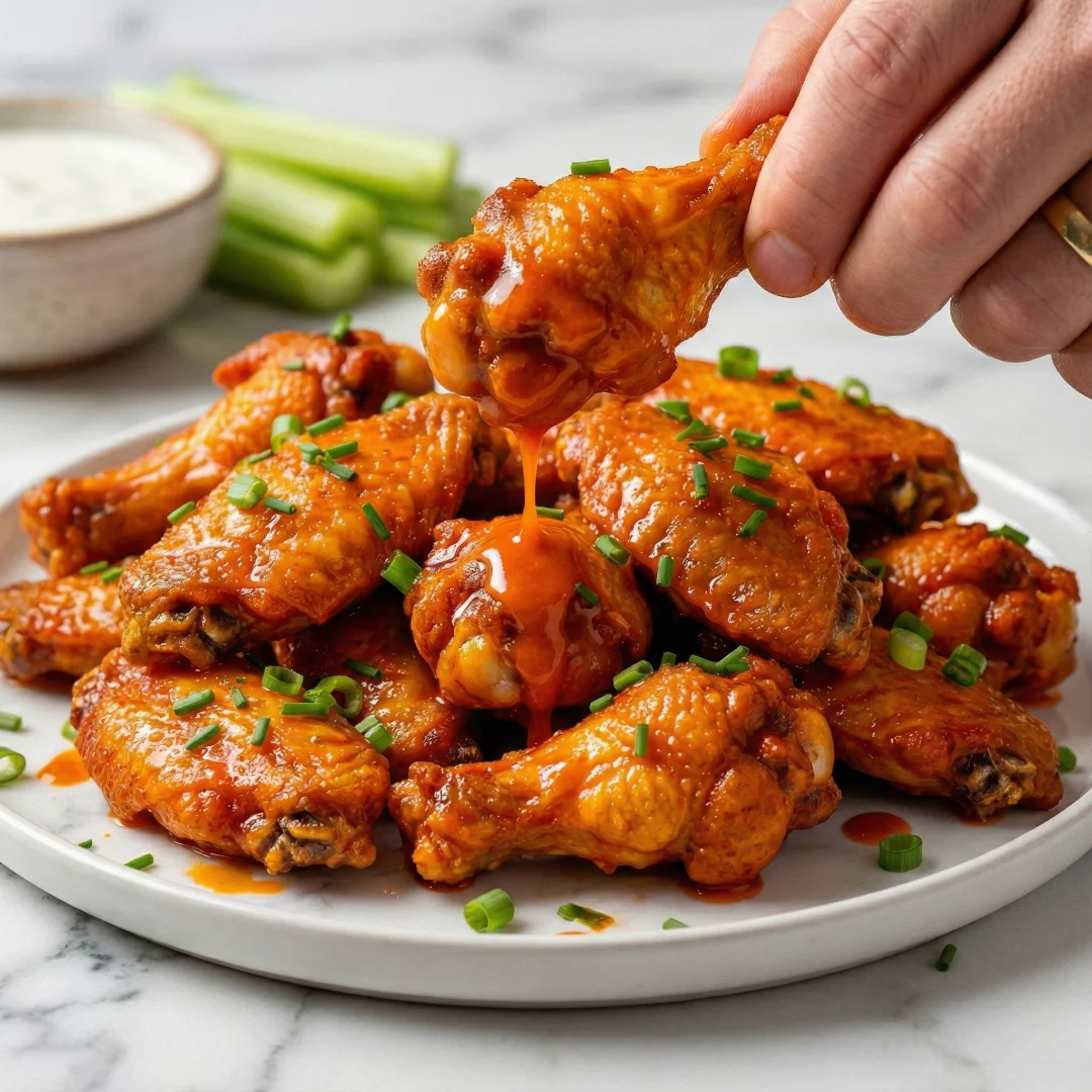 A hand holding up a glossy, sauce-drenched crispy baked buffalo wing, with a pile of other wings, celery, and ranch dipping sauce on a white platter, perfect for a game day snack.