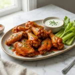 A platter of perfectly cooked, glossy crispy baked buffalo wings with celery sticks and ranch dipping sauce, ready to serve as a game day appetizer.