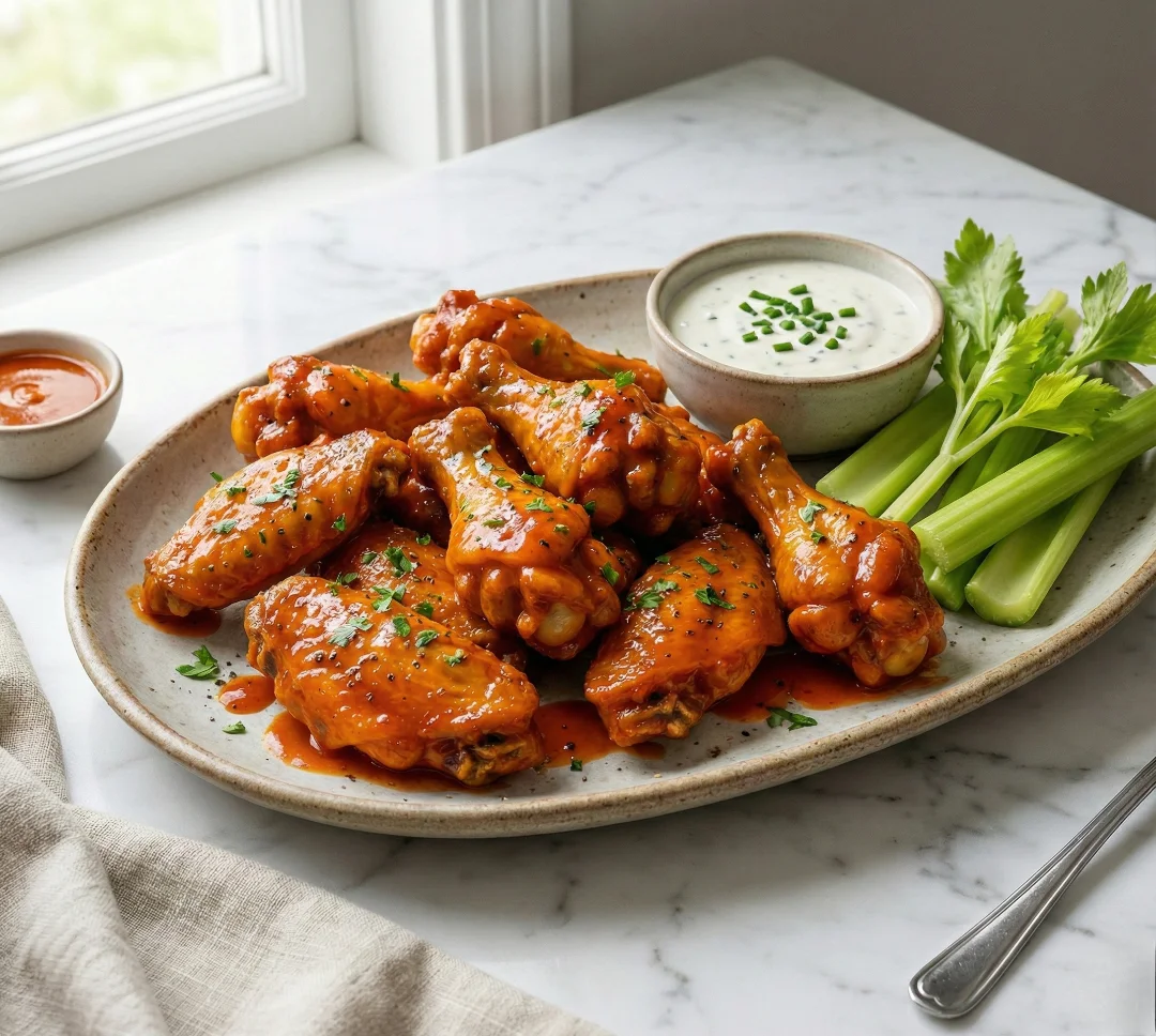 A platter of perfectly cooked, glossy crispy baked buffalo wings with celery sticks and ranch dipping sauce, ready to serve as a game day appetizer.