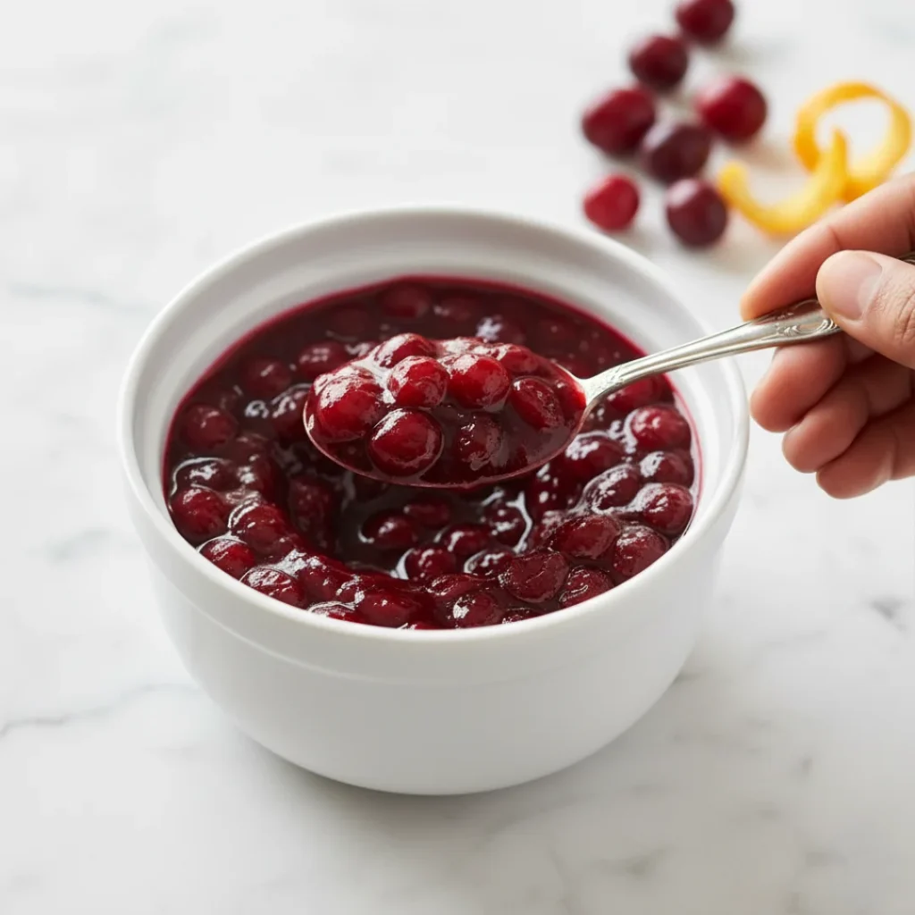 A spoonful of glossy, vibrant red Homemade Cranberry Sauce being lifted from a white bowl, showing the whole cranberries and thick, beautiful texture against a marble background.