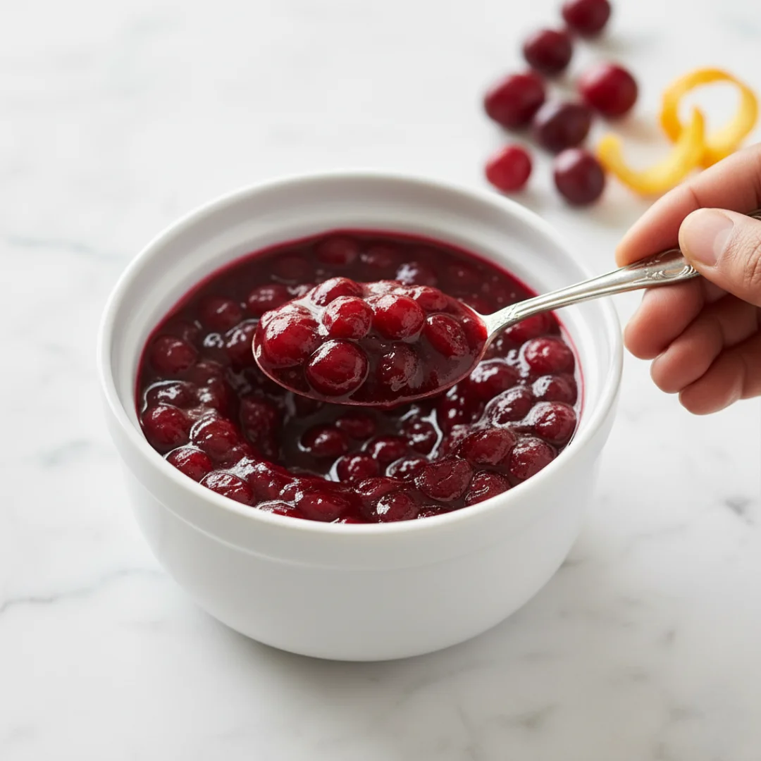 A spoonful of glossy, vibrant red Homemade Cranberry Sauce being lifted from a white bowl, showing the whole cranberries and thick, beautiful texture against a marble background.
