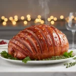 A whole, steaming hot honey glazed ham, with a glossy, caramelized sweet and sticky glaze and scored slices, presented on a white platter for a holiday dinner.