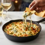 A hand dipping a tortilla chip into a hot, bubbly baked spinach artichoke dip in a cast iron skillet, creating a long cheese pull, demonstrating the final Spinach Artichoke Dip Recipe.