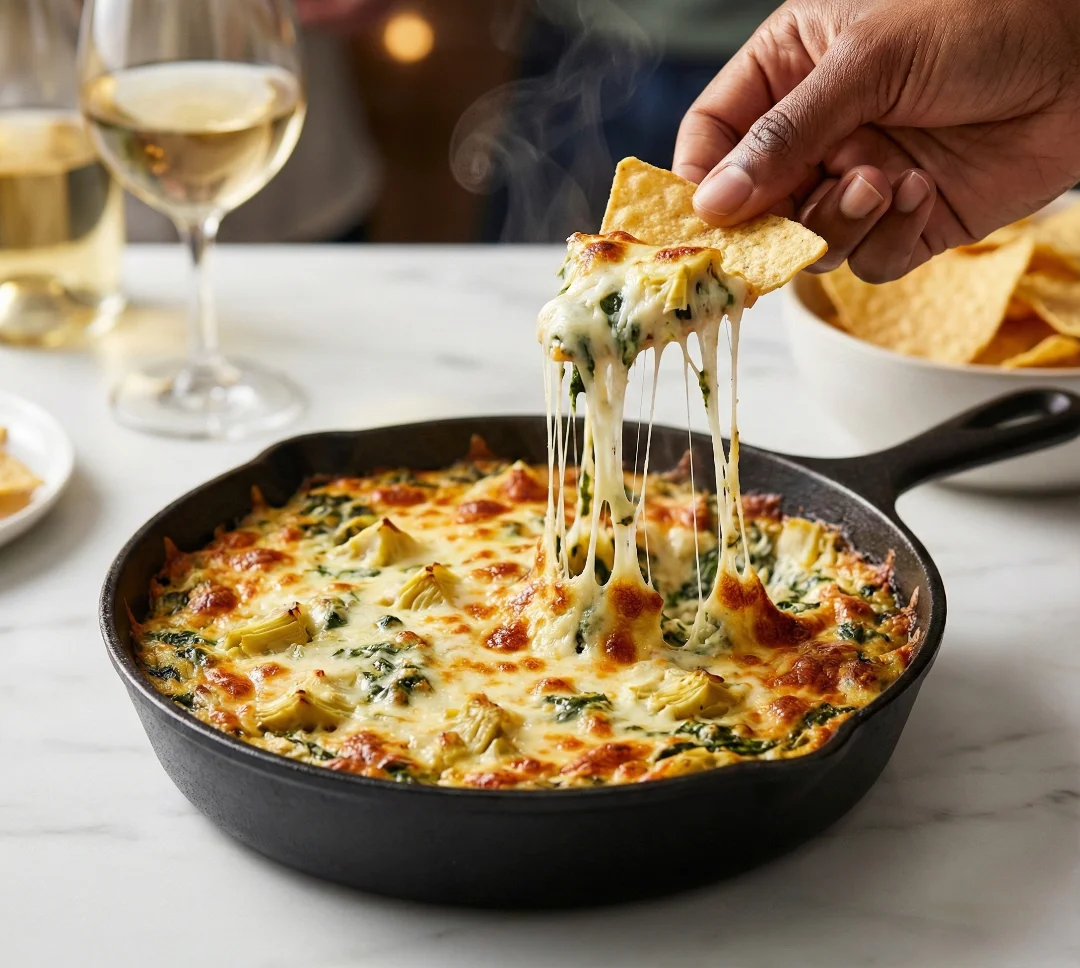 A hand dipping a tortilla chip into a hot, bubbly baked spinach artichoke dip in a cast iron skillet, creating a long cheese pull, demonstrating the final Spinach Artichoke Dip Recipe.