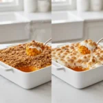 A split image showing two servings of the Sweet Potato Casserole: one topped with crunchy pecan crumble, and the other topped with melted, gooey marshmallows.