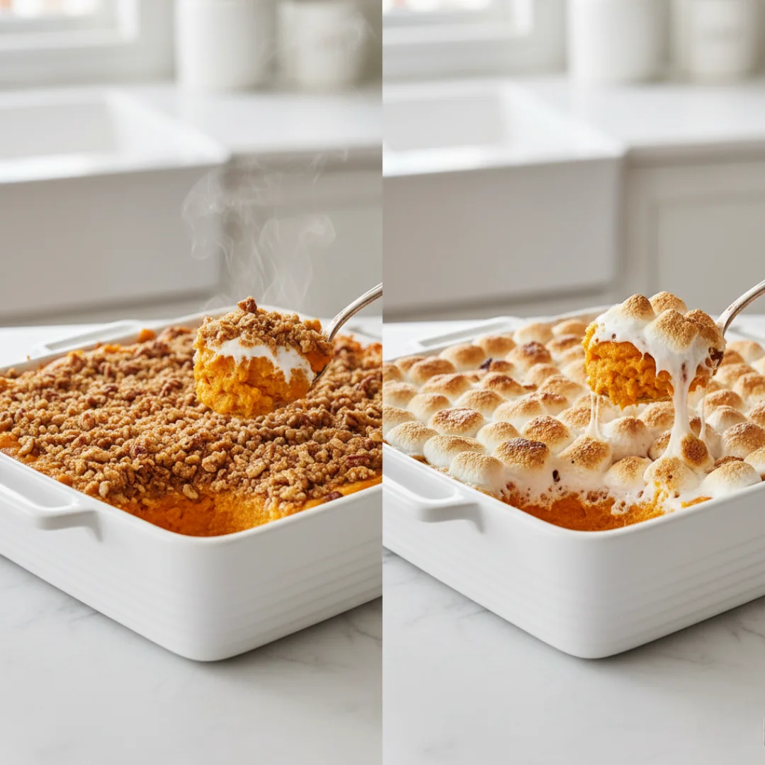 A split image showing two servings of the Sweet Potato Casserole: one topped with crunchy pecan crumble, and the other topped with melted, gooey marshmallows.
