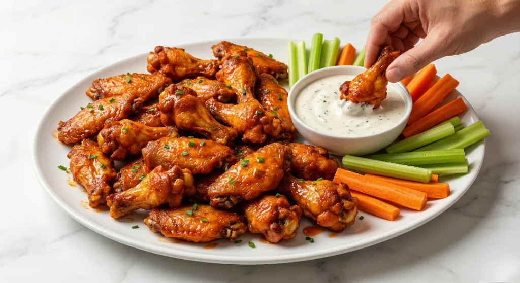 A hand dipping a glossy, sauce-coated crispy baked buffalo wing into a bowl of creamy ranch dressing, served on a platter with celery and carrots.