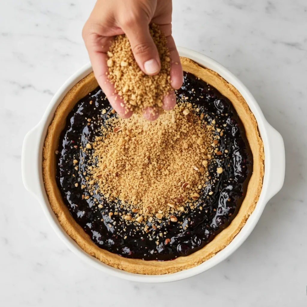 A hand sprinkling a brown, sandy crumb topping over a dark, pre-baked blueberry pie filling in a white ceramic dish.