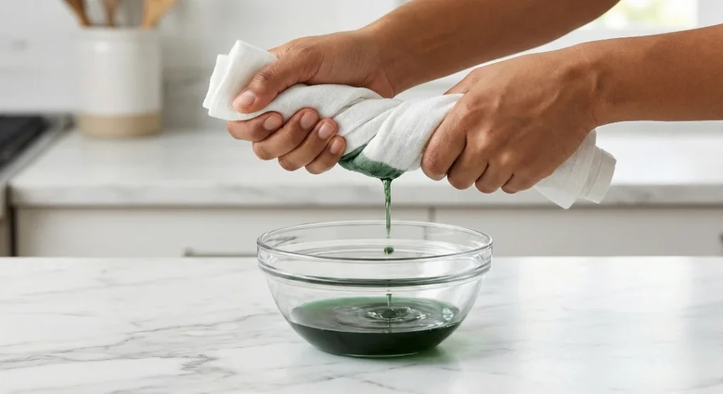 Hands vigorously squeezing excess green liquid from thawed spinach wrapped in a white kitchen towel, with the liquid dripping into a clear glass bowl.