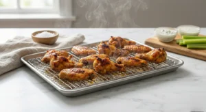 Steaming hot, extra crispy buffalo wings resting on a wire rack, with small bowls of ranch dipping sauce and celery sticks in the background.