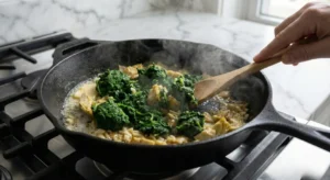 A wooden spoon stirring thawed spinach and artichoke in a hot cast iron skillet to cook off excess moisture for a homemade spinach artichoke dip.