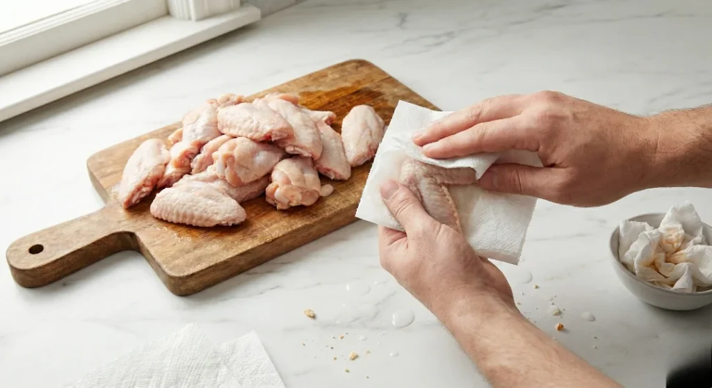 Hands patting raw chicken wings completely dry with paper towels on a wooden cutting board, performing the essential step for extra crispy buffalo wings oven style.