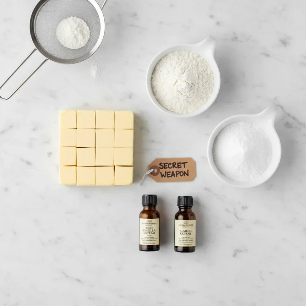 A flat lay of basic ingredients for homemade Christmas cookies: cubed cold butter, flour, sugar, vanilla extract, and almond extract, with a label for "SECRET WEAPON."