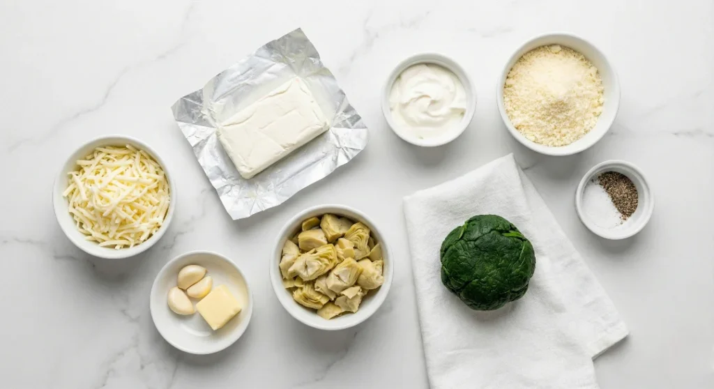 A flat lay of all the ingredients for homemade spinach artichoke dip: cream cheese, mozzarella, Parmesan, squeezed spinach, artichoke hearts, butter, garlic, and sour cream.