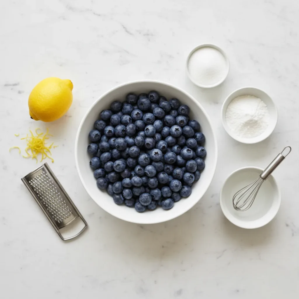 A top-down flat lay of ingredients for a simple blueberry pie recipe: fresh blueberries, sugar, cornstarch, and lemon with zest, all on a marble countertop.