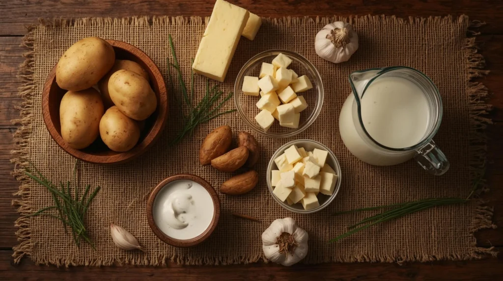 A top-down flat lay of ingredients for creamy mashed potatoes on a festive burlap surface, including Russet potatoes, cubed butter, cream, sour cream, and whole garlic bulbs.