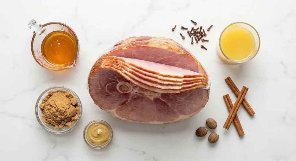 A top-down flat lay showing a spiral-cut ham, with ingredients for the glaze: honey, brown sugar, mustard, cinnamon, and whole cloves, for a holiday baked ham.