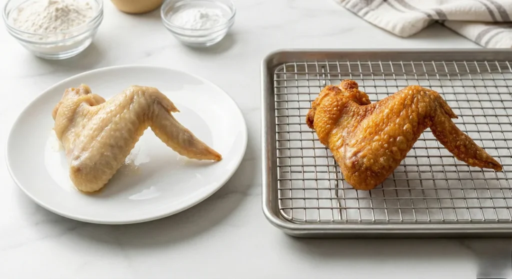 A side-by-side comparison showing two cooked chicken wings: the left is pale, smooth, and soggy (without the hack), and the right is golden brown, bubbly, and extra crispy (with the baking powder hack).