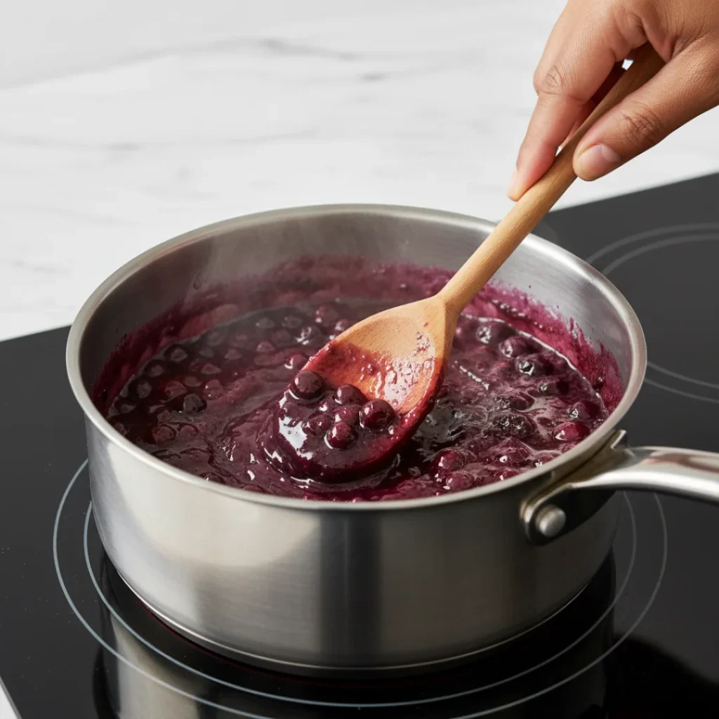 A hand stirring dark, thick blueberry pie filling in a stainless steel saucepan on the stovetop, demonstrating the pre-cooking method to prevent a runny pie.
