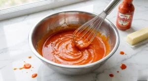 A metal bowl with a whisk, mixing a smooth, vibrant orange sauce made from hot sauce and butter, preparing the buffalo wing sauce recipe.