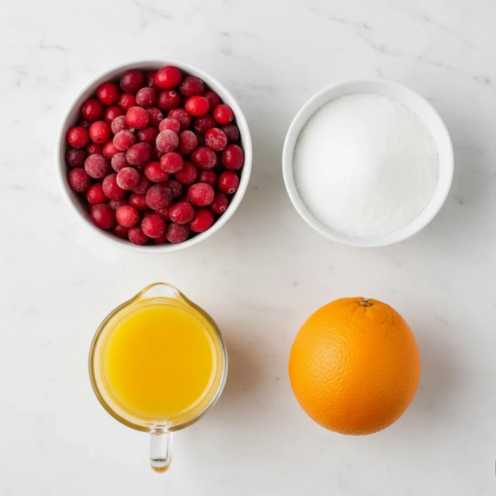 A top-down flat lay of the four main ingredients for easy cranberry sauce: a bowl of frozen cranberries, sugar, orange juice in a pitcher, and a whole orange, set on a marble surface.