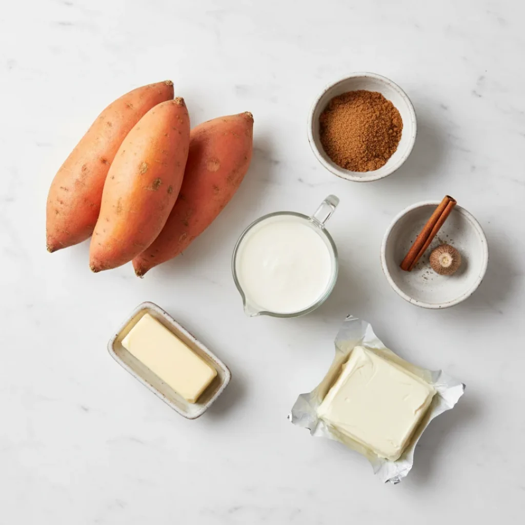 A top-down flat lay of the main base ingredients for sweet potato casserole: raw sweet potatoes, butter, cream cheese, heavy cream, brown sugar, and holiday spices.