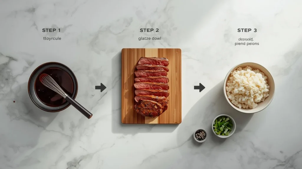 A top-down flat lay on a marble counter showing the 3 easy steps to a steak rice bowl recipe: a bowl of homemade steak bowl sauce, a cutting board with seared and sliced steak, and a bowl of rice with toppings.
