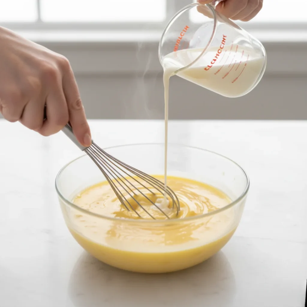 A hand slowly pouring steaming milk from a measuring cup into a bowl of whisked egg yolks while vigorously whisking, demonstrating the critical tempering hack for homemade eggnog.