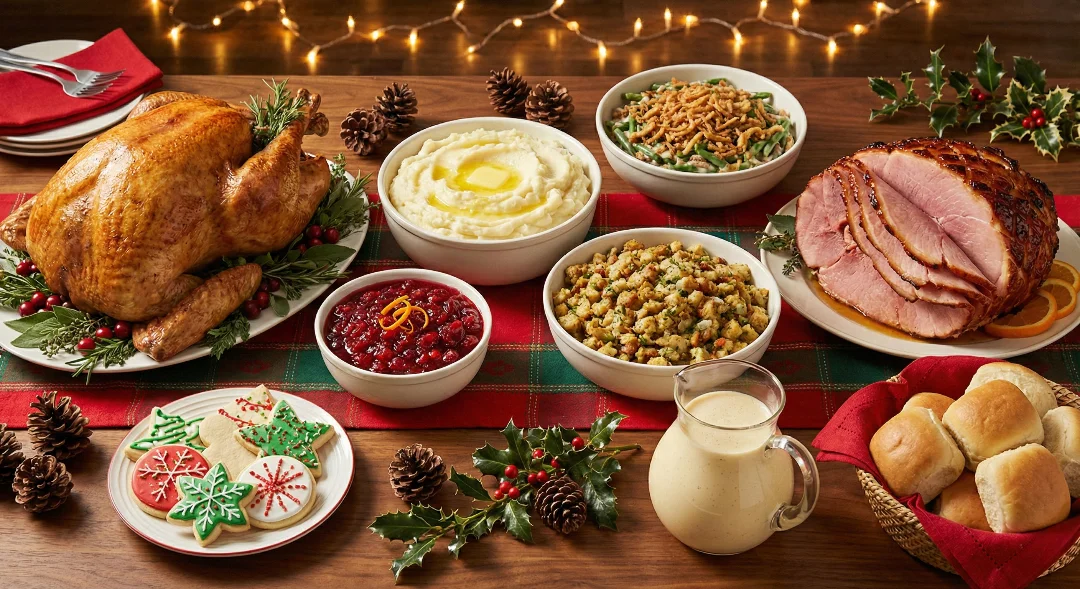 A festive Christmas dinner table laden with a roasted turkey, honey glazed ham, mashed potatoes, green bean casserole, cranberry sauce, stuffing, dinner rolls, Christmas cookies, and eggnog, with twinkling lights in the background.