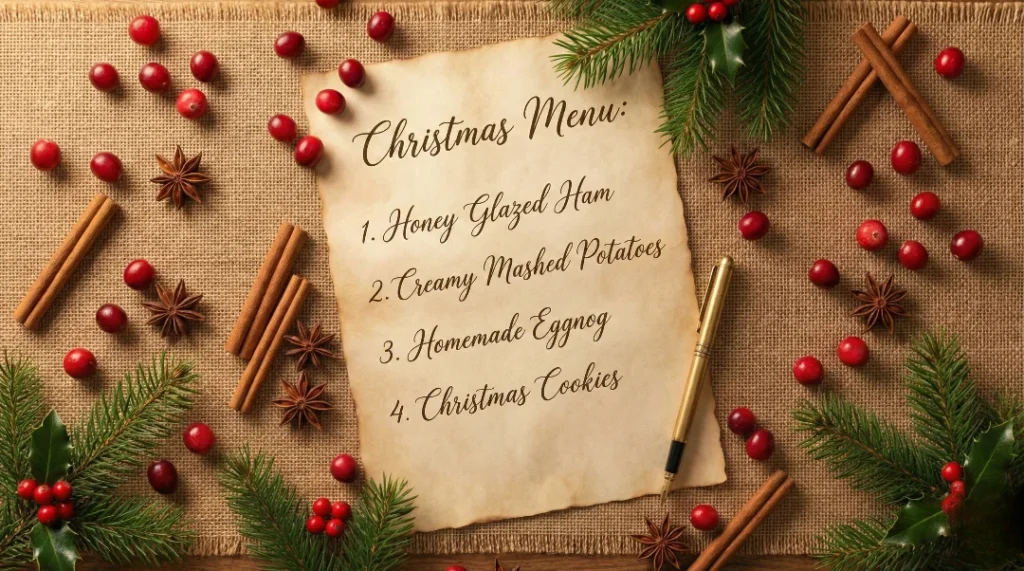 A handwritten Christmas Menu on a rustic paper scroll, listing Honey Glazed Ham, Creamy Mashed Potatoes, Homemade Eggnog, and Christmas Cookies, surrounded by festive spices and cranberries.