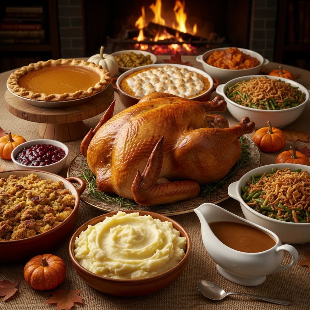 A lavish Thanksgiving dinner spread with a golden roasted turkey as the centerpiece, surrounded by classic Thanksgiving side dishes like pumpkin pie, mashed potatoes, green bean casserole, cranberry sauce, and gravy, all in front of a cozy fireplace.