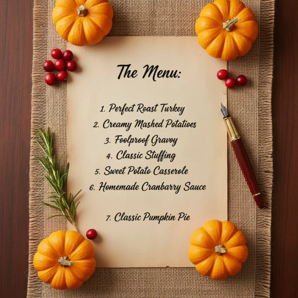 A handwritten list titled "The Menu" showing the essential Thanksgiving recipes needed for a feast, including Perfect Roast Turkey, Mashed Potatoes, Gravy, and Cranberry Sauce.