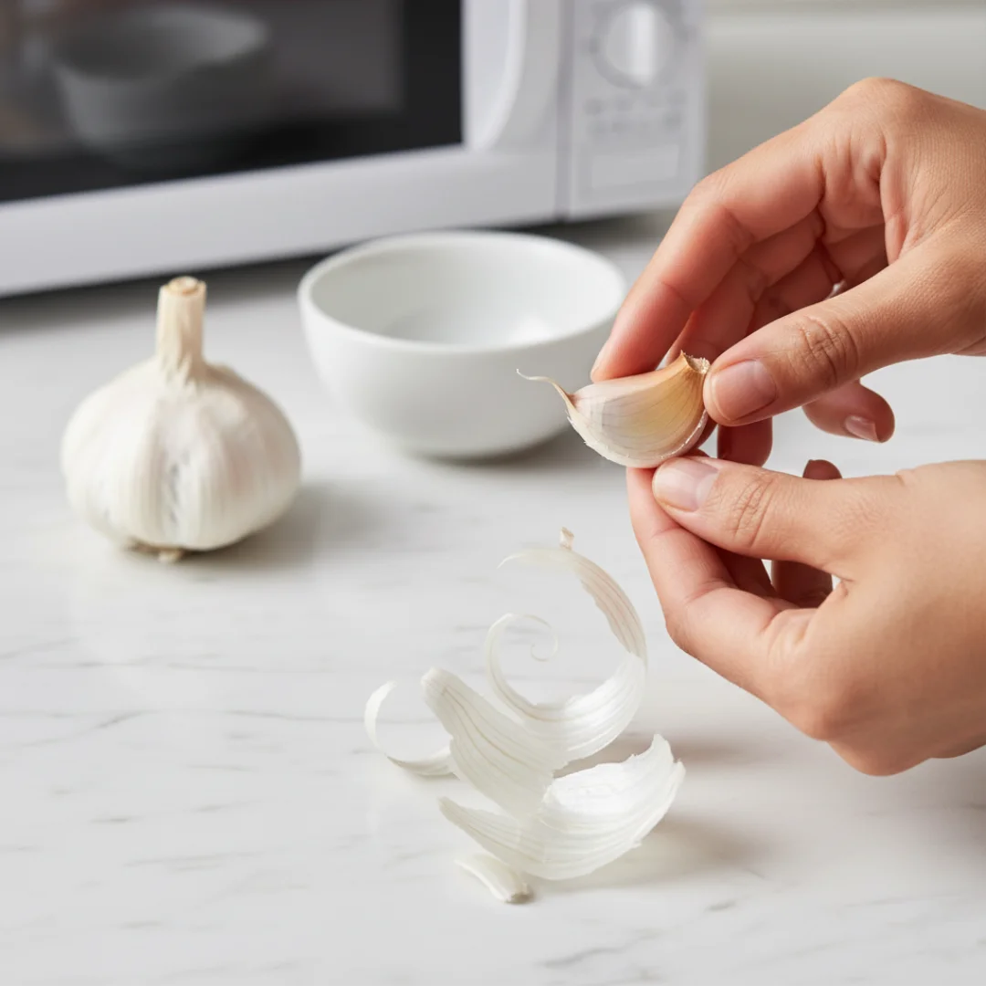 Hands struggling to peel a single garlic clove, with papery skin coming off in pieces and a microwave in the background, illustrating the problem before trying the Garlic Peeling Hack.