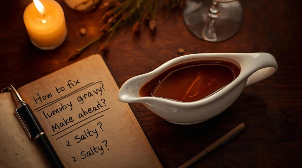 A notebook lying open on a dark, rustic table with handwritten notes asking common problems: "How to fix lumpy gravy?", "Make ahead?", and "Salty?", next to a white gravy boat filled with smooth, rich turkey gravy.